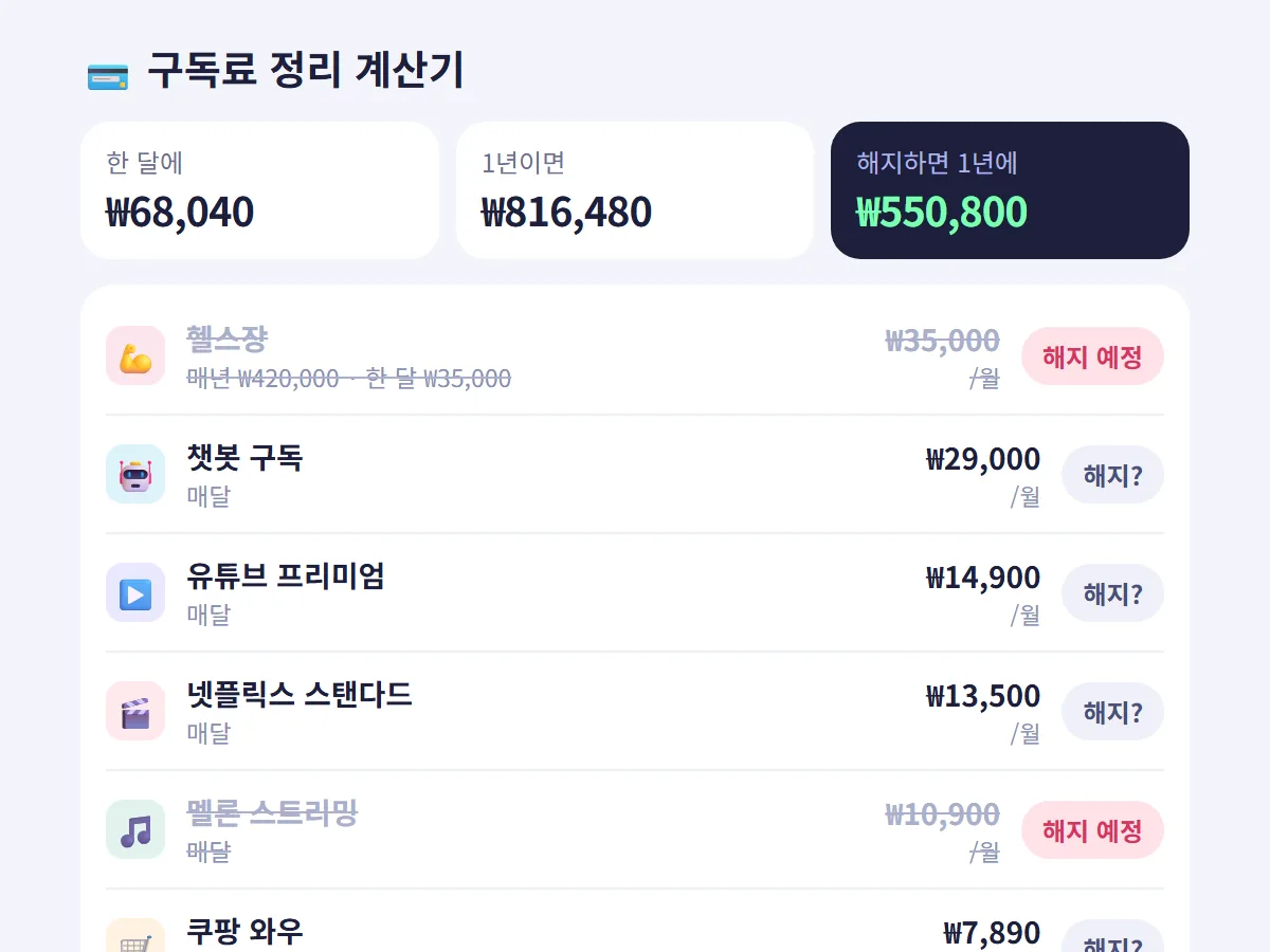 구독료 정리 계산기 화면